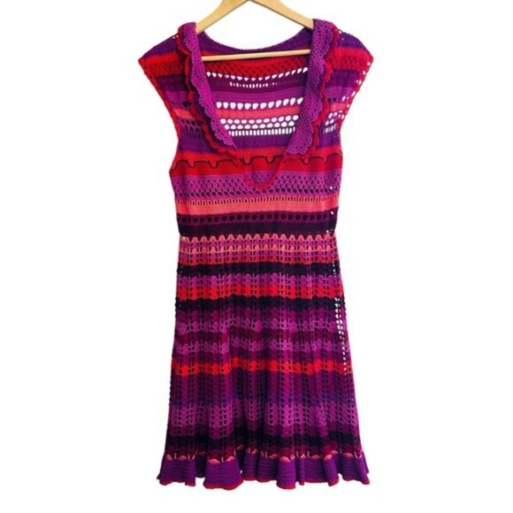 VTG Betsey Johnson Crochet Cover-Up Dress S Boho Y2K Festivalcore Rare Colorful - Picture 10 of 12